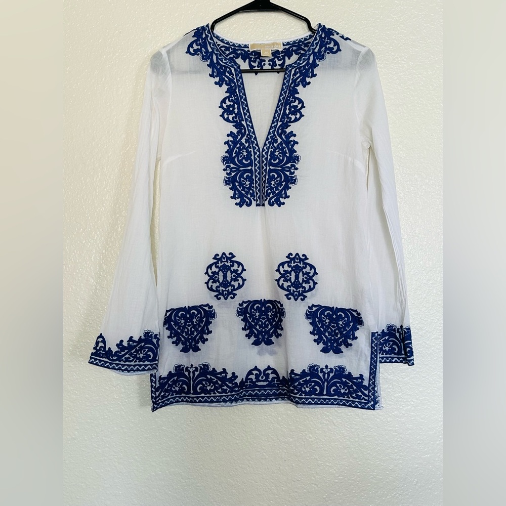 Michael Kors White and Blue Embroidered Beach Cover Sz. XS